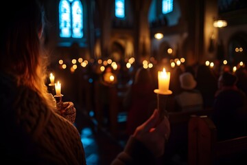 Individuals in prayerful vigil, with the glow of candles illuminating their faces in a serene religious setting - obrazy, fototapety, plakaty
