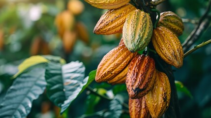 Close shot of several cocoa fruits hanging on cocoa tree with sunshine in a cocoa field with copy space, Generative AI.