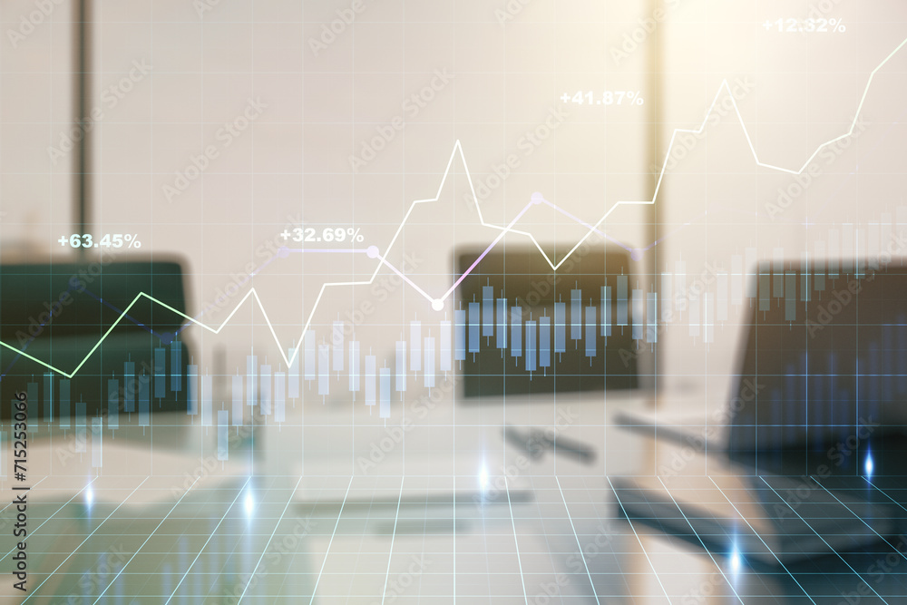 Poster multi exposure of abstract financial diagram and modern desk with computer on background, banking an