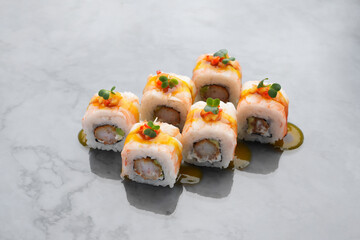 Japanese sushi roll set with tuna and avocado