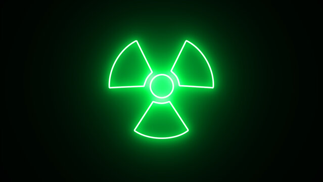 Neon glowing Radiation sign, caution radiation hazard warning sign. Symbol of radioactive threat alert isolated in black background.;