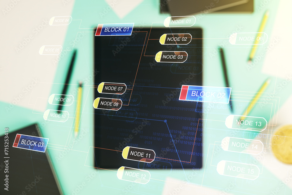 Leinwandbilder double exposure of abstract creative programming illustration and modern digital tablet on backgroun
