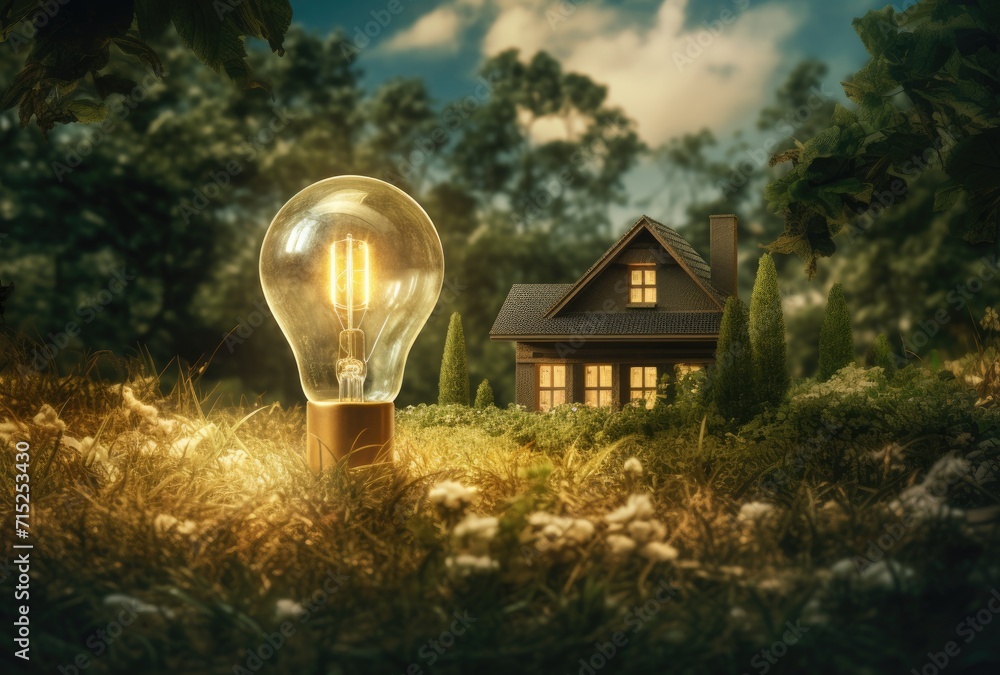 Poster a light bulb embedded in the grass with the world inside, symbolizing the concept of saving the worl
