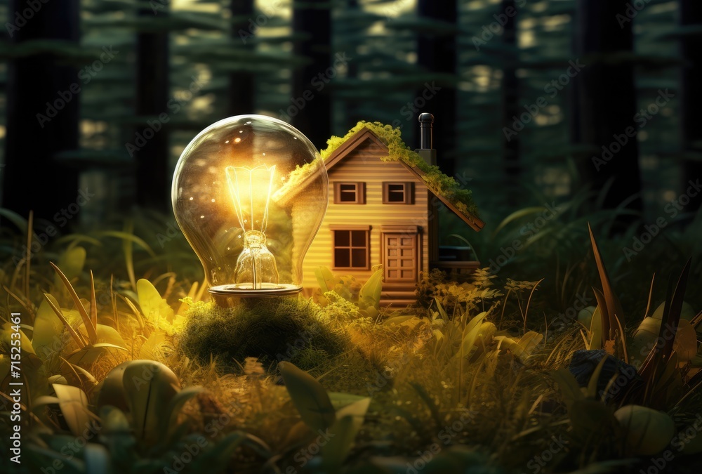 Poster a light bulb embedded in the grass with the world inside, symbolizing the concept of saving the worl