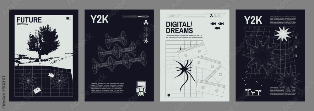 Poster poster and cover design layout in y2k style with grid and bitmap abstract shape and surface elements