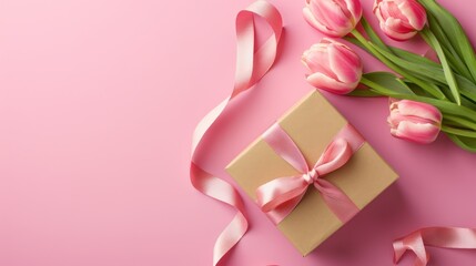 A gift box, ribbon and flower on pink background, with copy space