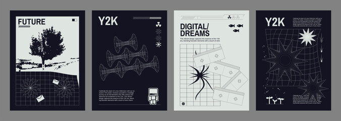 Poster and cover design layout in y2k style with grid and bitmap abstract shape and surface elements. Vector illustration set of retro minimal banner in 2000s aesthetic with wireframe ornament.