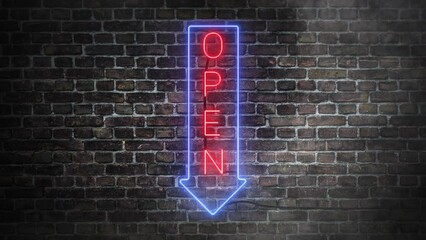 Open neon signboard with vertical arrow on bricks wall background. Vertical arrow in down direction in blue and open word in red neon colors. - Powered by Adobe