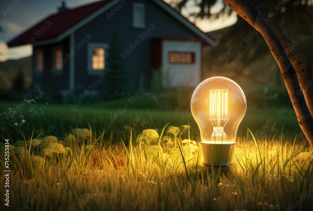 Poster a light bulb embedded in the grass with the world inside, symbolizing the concept of saving the worl