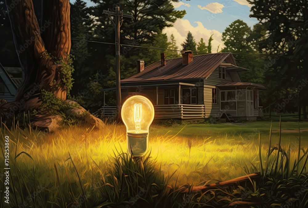 Poster a light bulb embedded in the grass with the world inside, symbolizing the concept of saving the worl