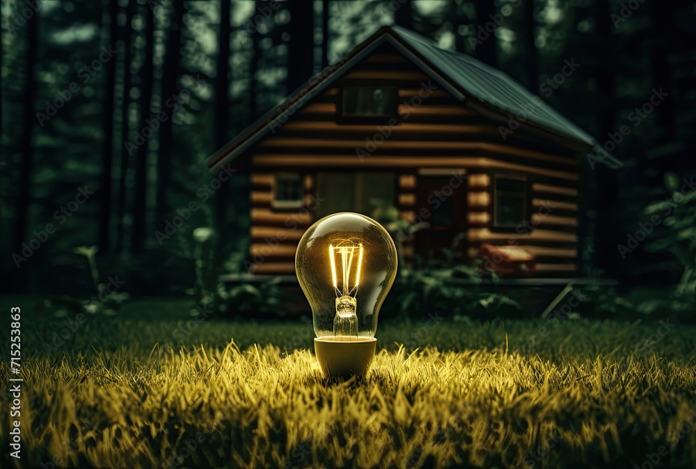 Poster a light bulb embedded in the grass with the world inside, symbolizing the concept of saving the worl