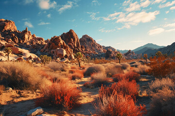 shot of the amazing rock formations and plant, a lush colorful hillside under a cloudy blue sky with the sun peeking through the clouds over a valley with rocks and trees on the side