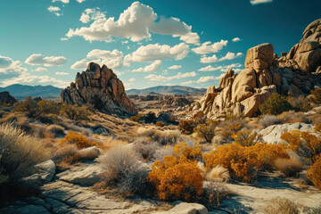 shot of the amazing rock formations and plant, a lush colorful hillside under a cloudy blue sky with the sun peeking through the clouds over a valley with rocks and trees on the side