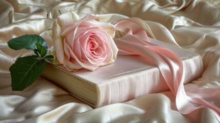 A ancient book ribbon and a flower on soft silk. Romance concept