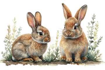 Vector watercolor easter elements collection with bunnies