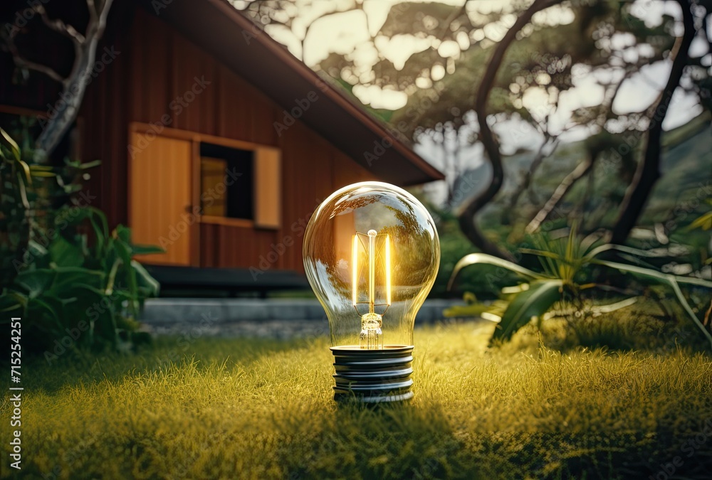 Poster a light bulb nestled in the grass with a miniature representation of the world inside, symbolizing t