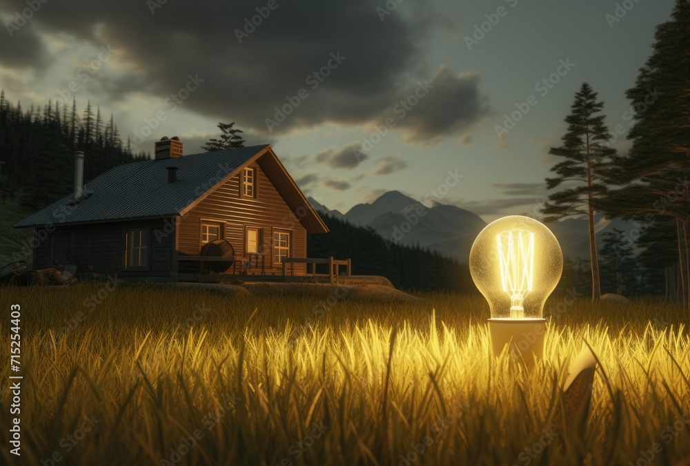 Poster a light bulb nestled in the grass with a miniature representation of the world inside, symbolizing t