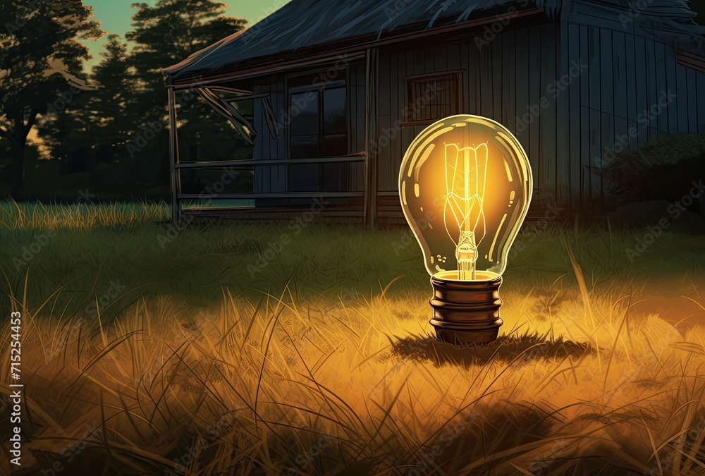 Poster a light bulb nestled in the grass with a miniature representation of the world inside, symbolizing t