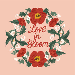 Love in Bloom" as the main headline, capturing the theme of blossoming love T SHIRT DESIGN, illustration