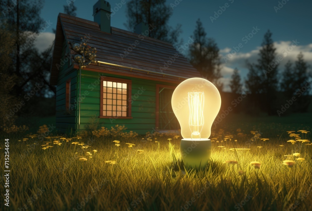 Poster a light bulb nestled in the grass, containing a miniature representation of the world inside it, sym