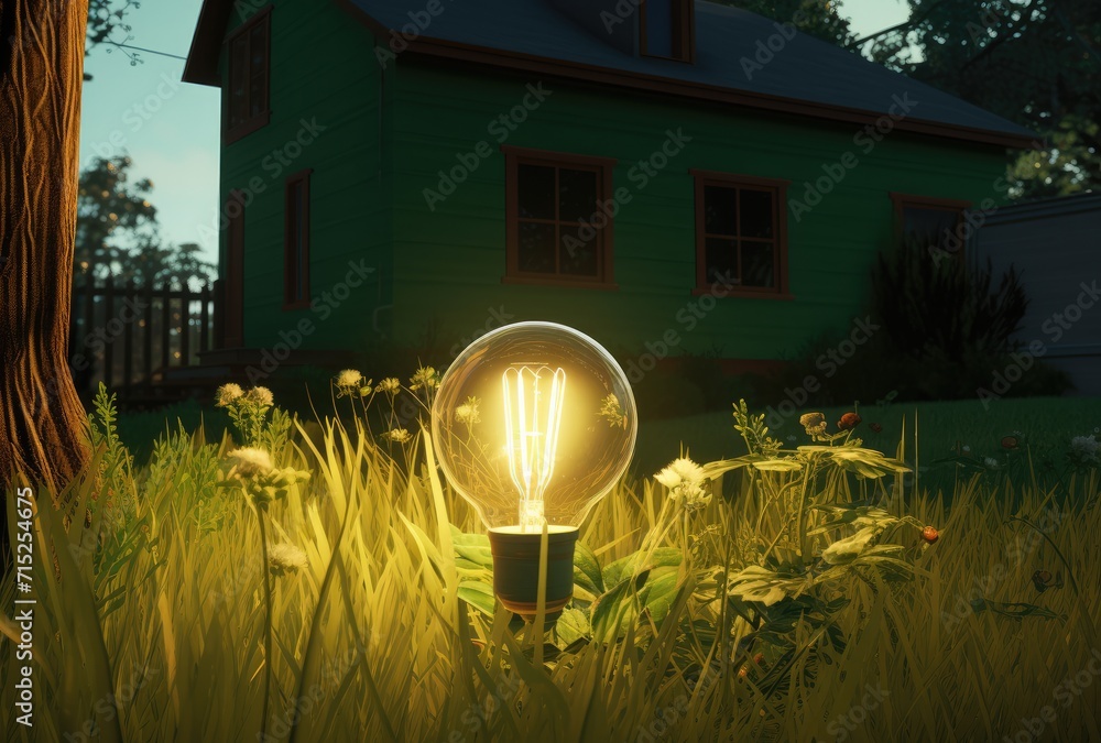 Poster a light bulb nestled in the grass, containing a miniature representation of the world inside it, sym