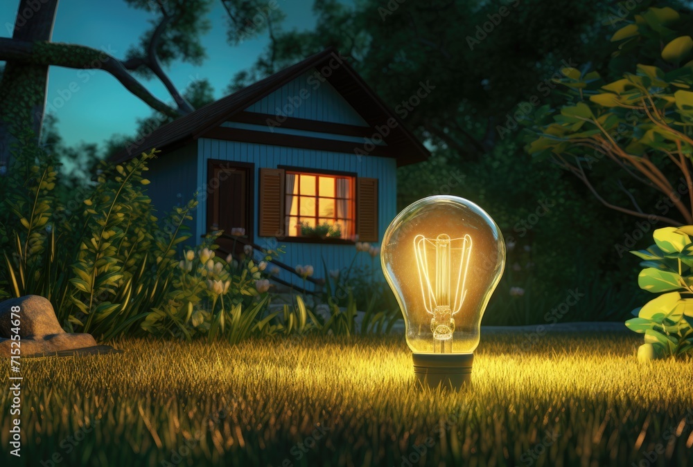 Poster a light bulb nestled in the grass, containing a miniature representation of the world inside it, sym