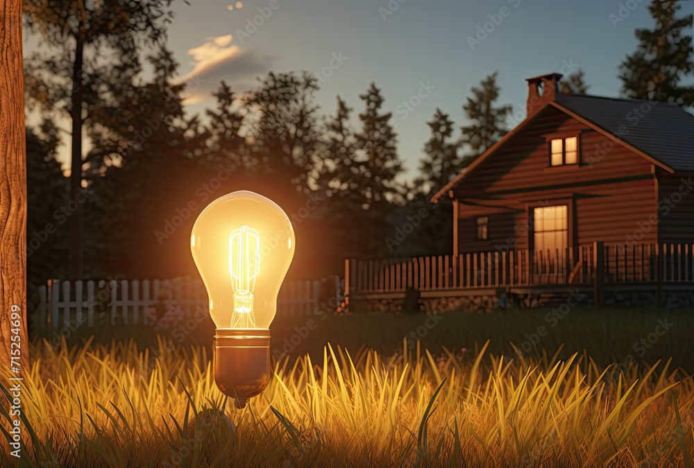 Poster a light bulb nestled in the grass, containing a miniature representation of the world inside it, sym