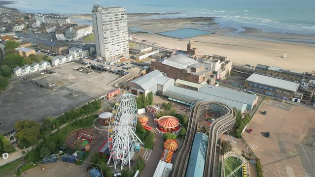 Drone footage of Dreamland, Kent with the sea in the background.