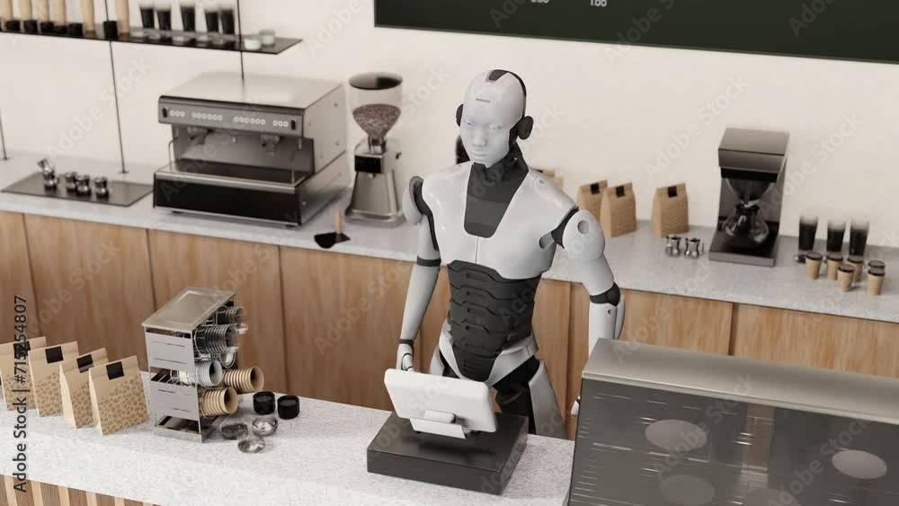 Poster humanoid prototype robot working in cafe bar making breakfast, artificial intelligence taking over c