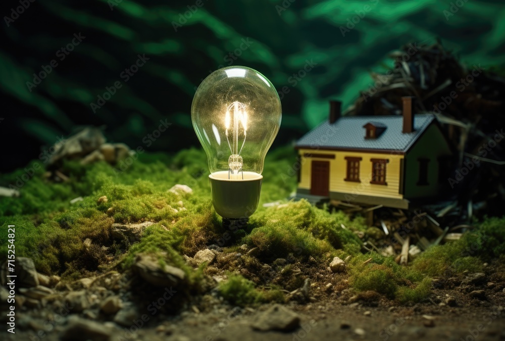 Poster a light bulb nestled in the grass, containing a miniature representation of the world inside it, sym