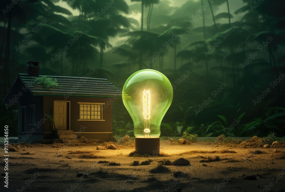 Poster a light bulb nestled in the grass, containing a miniature representation of the world inside it, sym