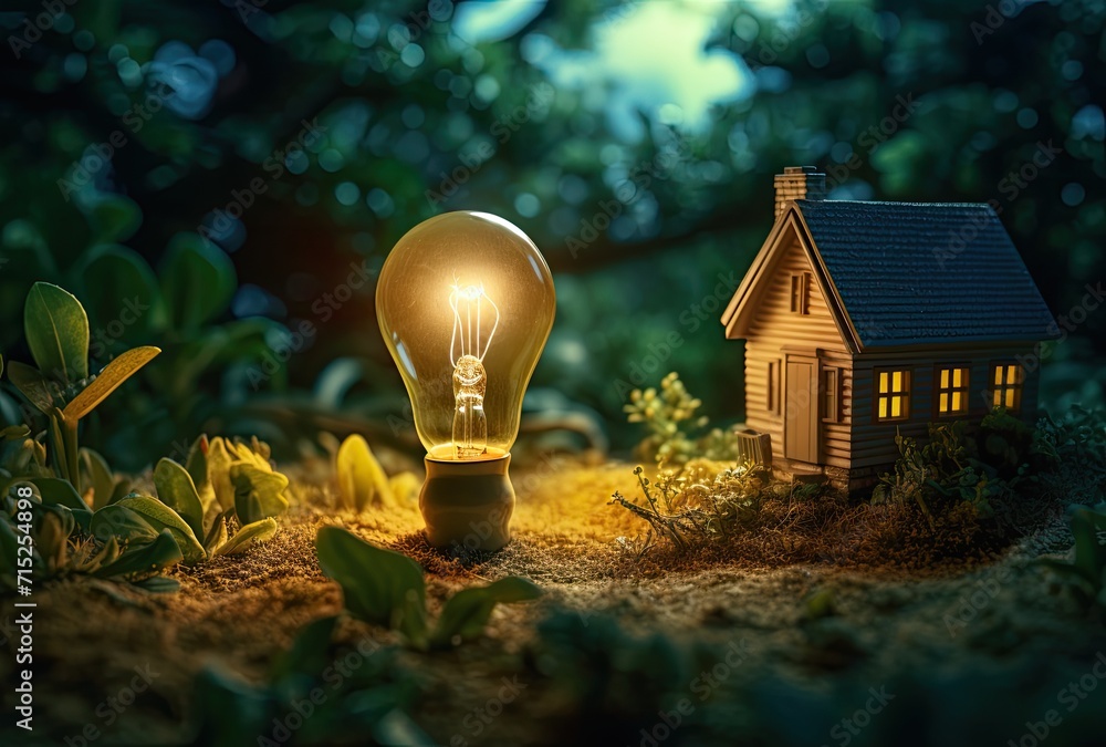 Poster a light bulb nestled in the grass, containing a miniature representation of the world inside it, sym
