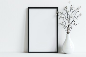 Mock up Photo frame in black frame with white flowers in vase on white wall background