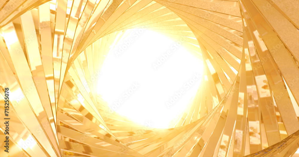 Poster abstract metallic shiny golden yellow polyhedral tunnel frame made of lines of hexagonal edges, mech