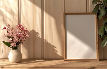 Photo frame mockup with beautiful flowers in vase on wooden table