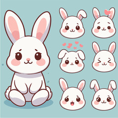 vector cute rabbit full body with various expressions. flat cartoon design that is simple and minimalist