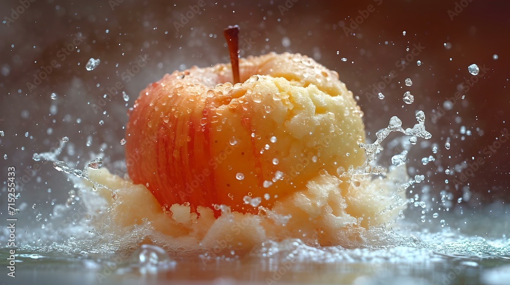 Aufkleber fresh apple splashing into water, creating dynamic spray. vibrant colors and motion captured. perfec