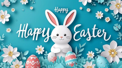 Easter banner and poster template featuring a light blue backdrop and a rabbit, space, Generative AI.