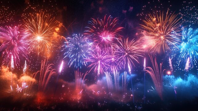 A symphony of music and fire merges in a spectacular display as brilliant fireworks paint the sky with vibrant bursts of sound and color