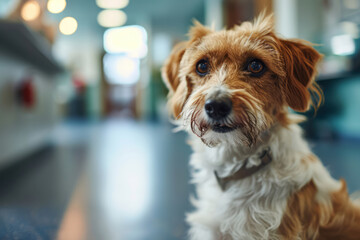 A dog waits alone in a veterinary clinic.