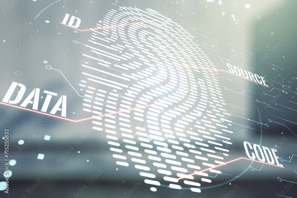 Poster multi exposure of virtual fingerprint scan interface on contemporary business center exterior backgr