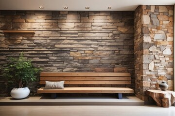 Fototapeta na wymiar rustic interior home design of entrance hall with tree trunk wooden bench and stone cladding wall