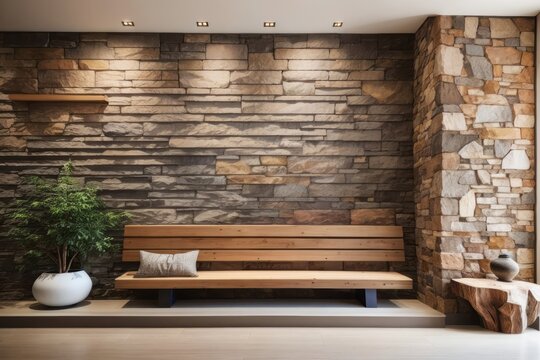 rustic interior home design of entrance hall with tree trunk wooden bench and stone cladding wall