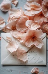 Soft pink petals rest on a vintage envelope with elegant script
