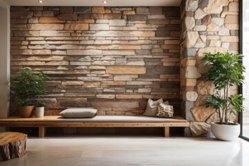 Fototapeta na wymiar rustic interior home design of entrance hall with tree trunk wooden bench and stone cladding wall