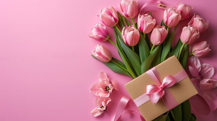 Hued pink backdrop with a pink bouquet of tulips and a giftbox in the top view, space, Generative AI.