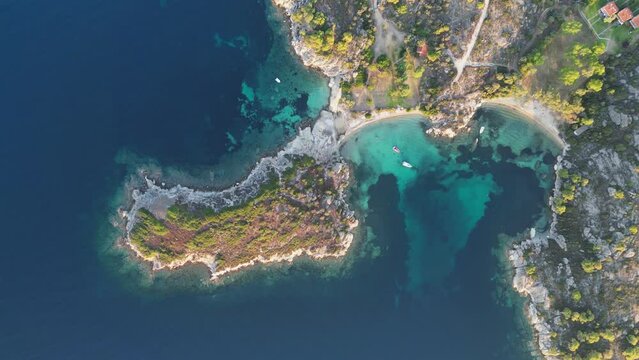 Scenic Beach, Bay, Island and Nature Landscape at Sithonia, Halkidiki, Greece - Aerial 4k