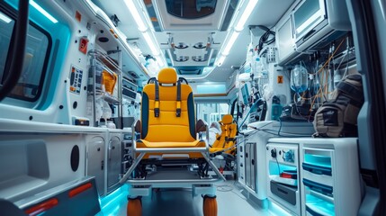 Emergency equipment and devices, Ambulance car interior details. - obrazy, fototapety, plakaty