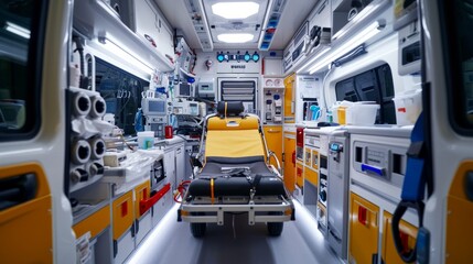 Emergency equipment and devices, Ambulance car interior details.