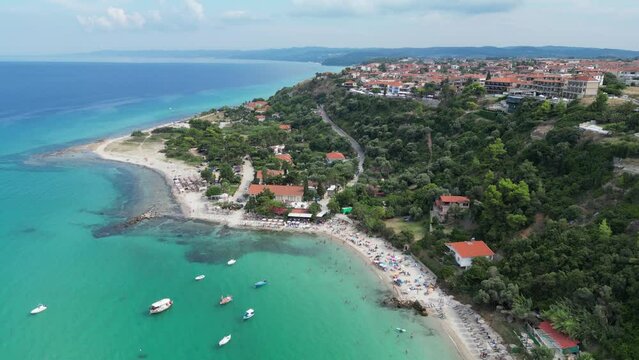 Afytos Beach and Village in Kassandra, Halkidiki, Greece - Aerial 4k Pedestal
